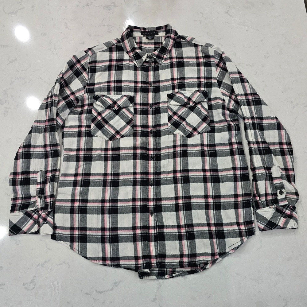 Sanctuary Womens Boyfriend Shirt Plaid Button Down Pink Black White Size M